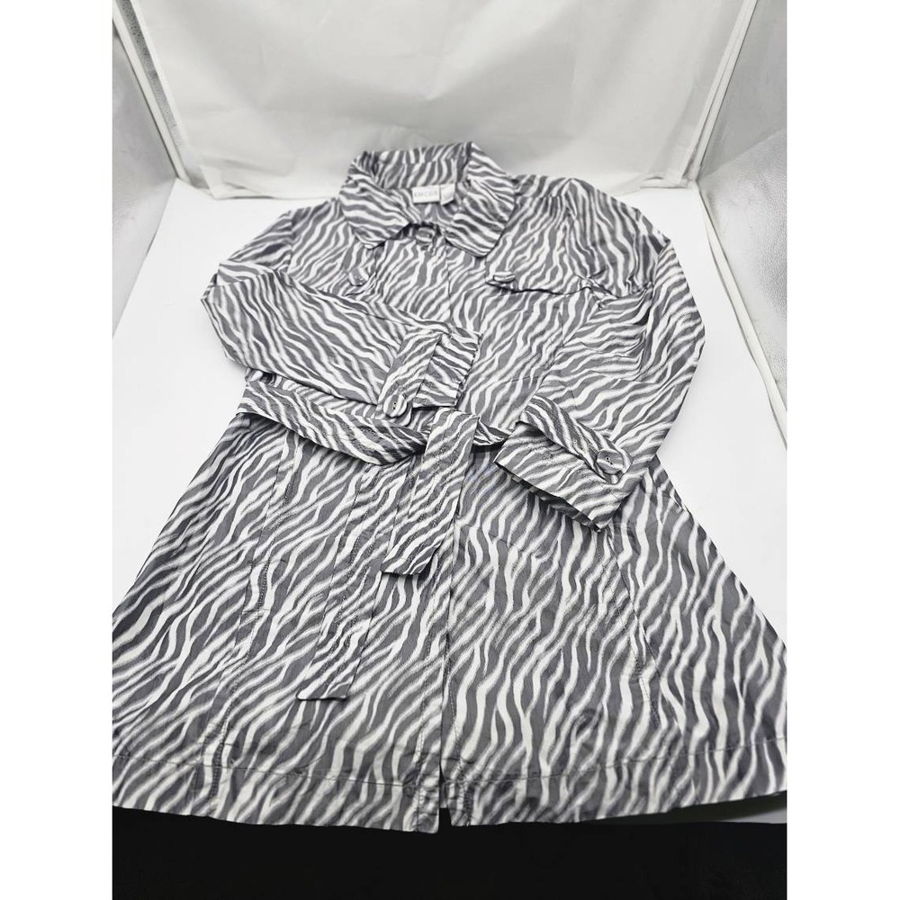 Chico's Zebra Print Trench Coat Women Size 2 Grey White Belted Lightweight